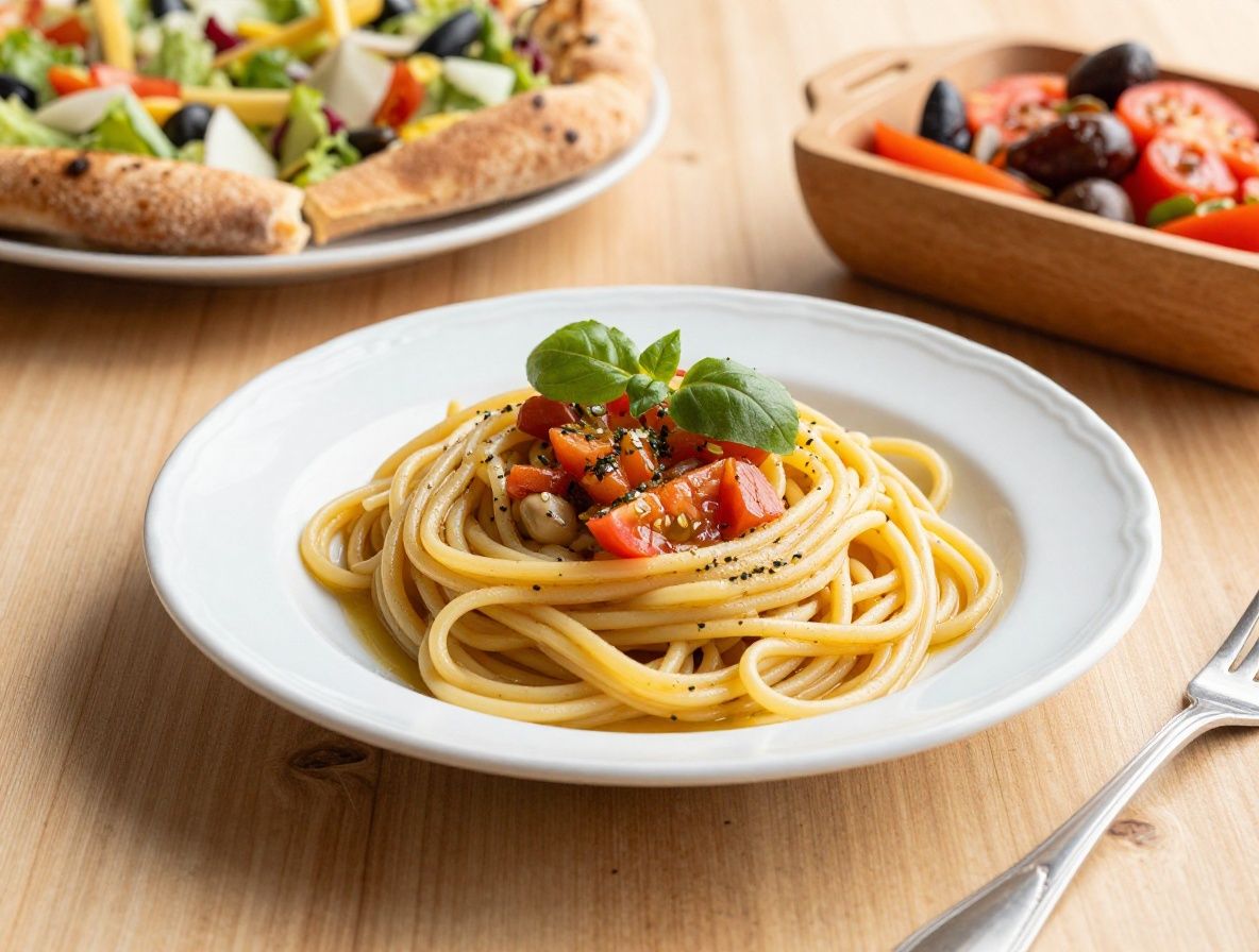 Mesa de madera mediterránea con plato de pasta integral, ensalada de tomate y albahaca, aceite de oliva virgen extra, pan rústico y aceitunas negras bajo luz natural cálida