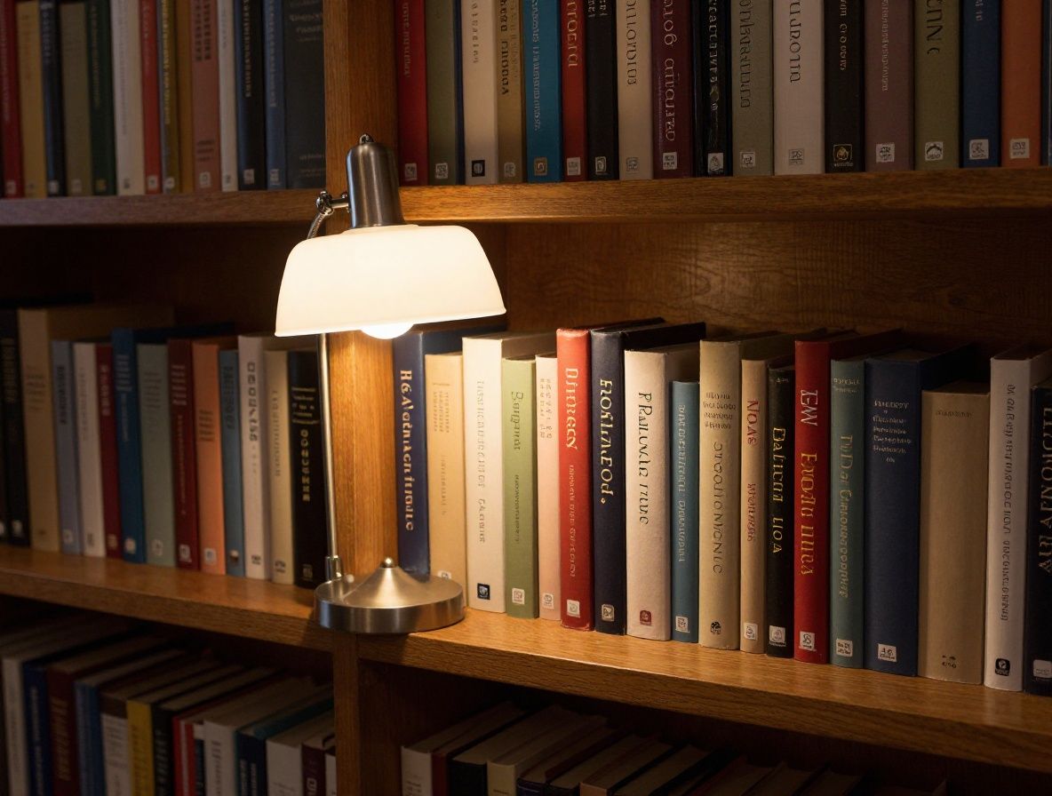 Biblioteca institucional con estantes de madera oscura llenos de libros académicos, iluminada por una lámpara de escritorio de luz cálida, creando una atmósfera de estudio y conocimiento